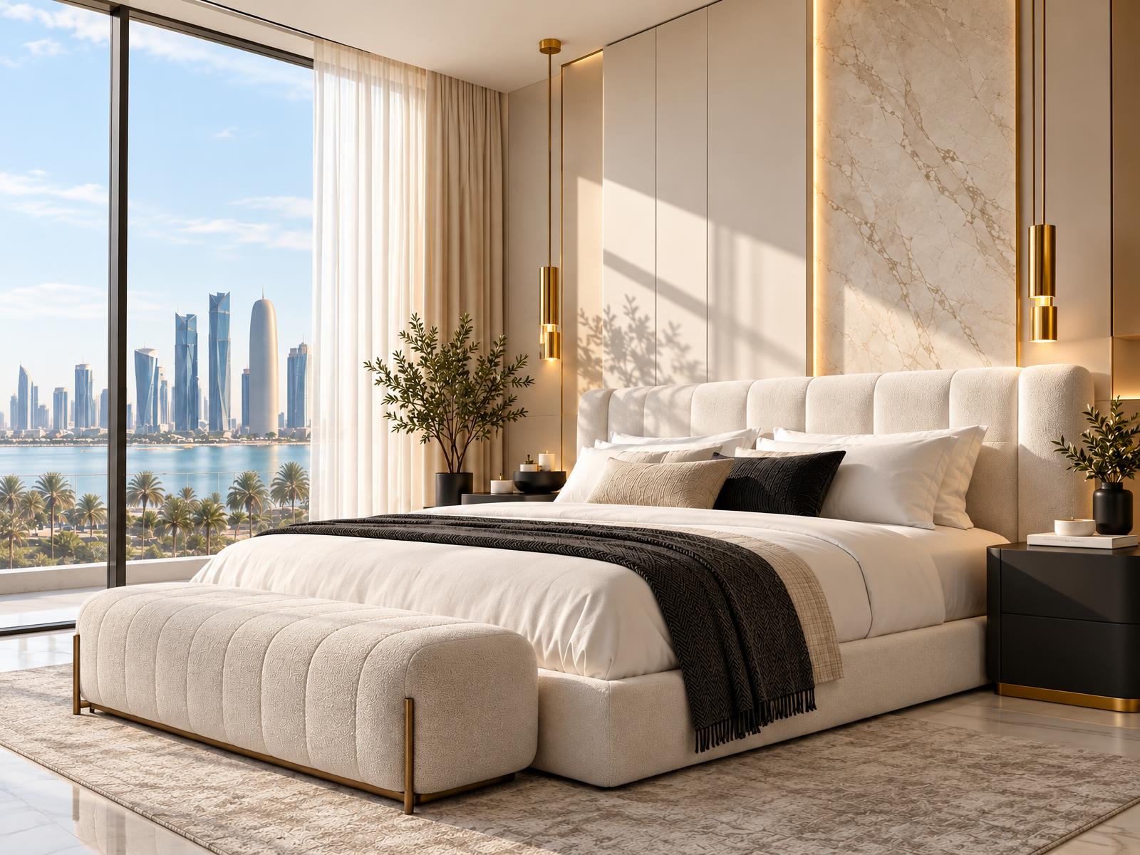 Serene master bedroom with upholstered headboard, marble wall and gold pendants overlooking Doha