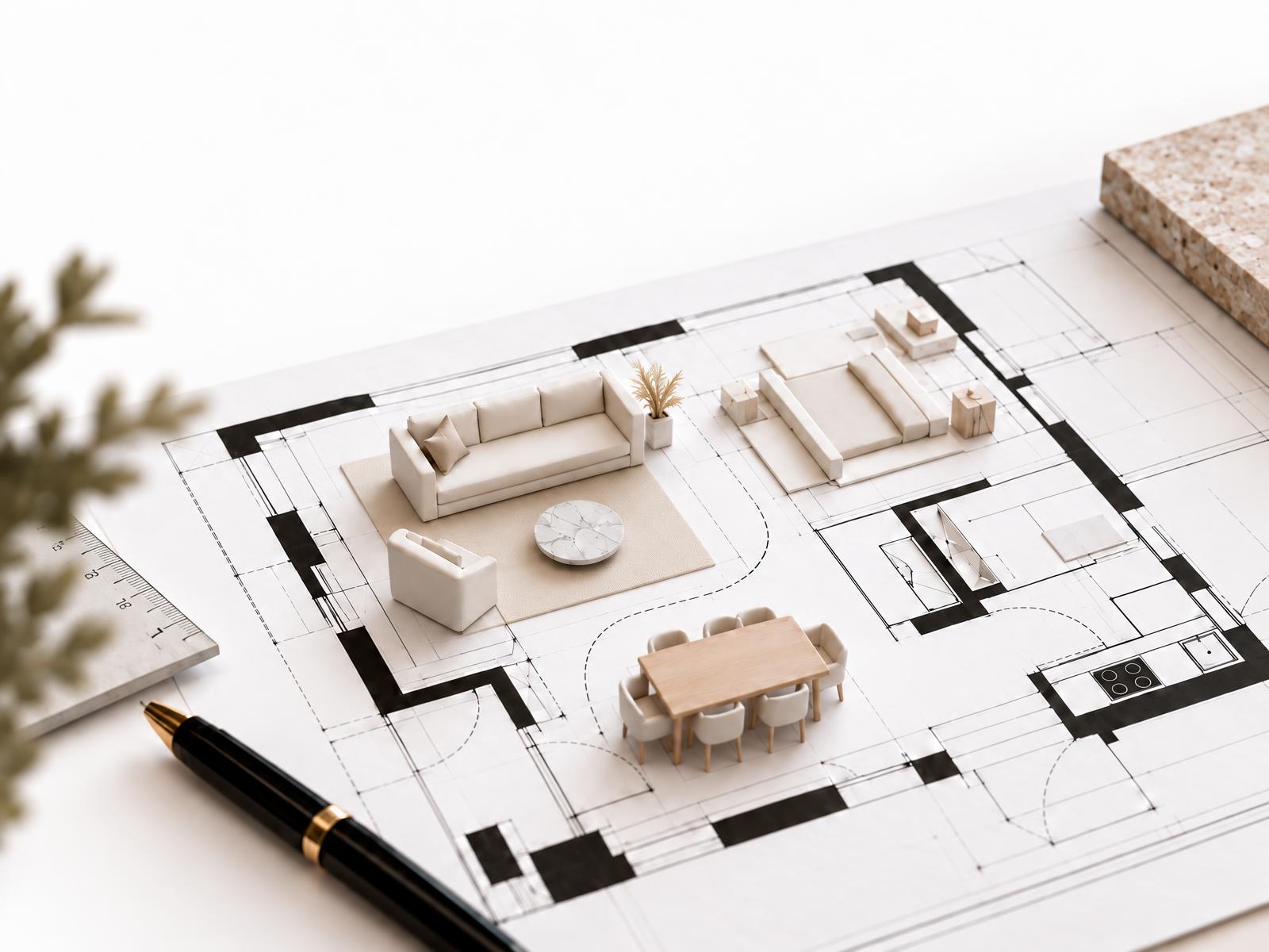 Architectural floor plan with miniature cream furniture models and a gold fountain pen