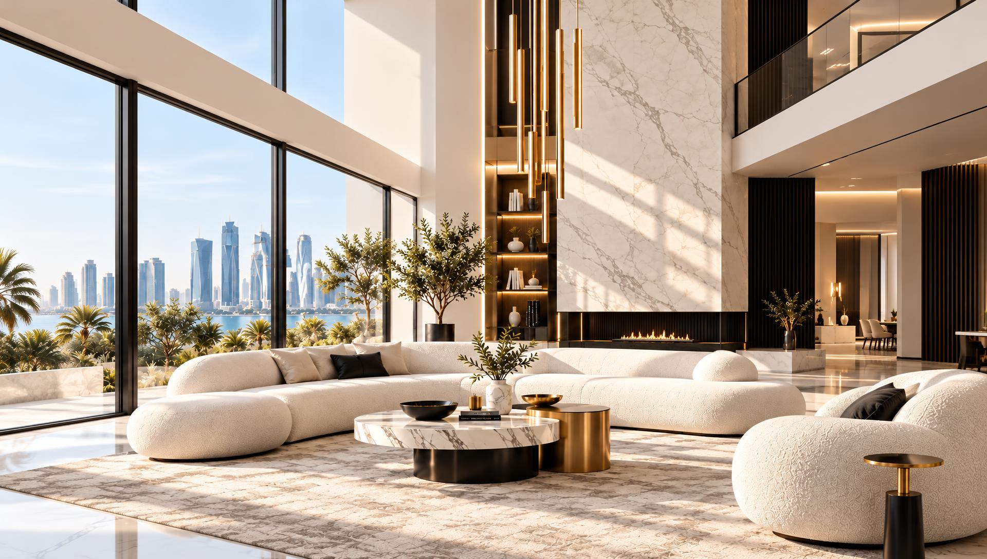 Double-height luxury living room with marble fireplace and Doha skyline view