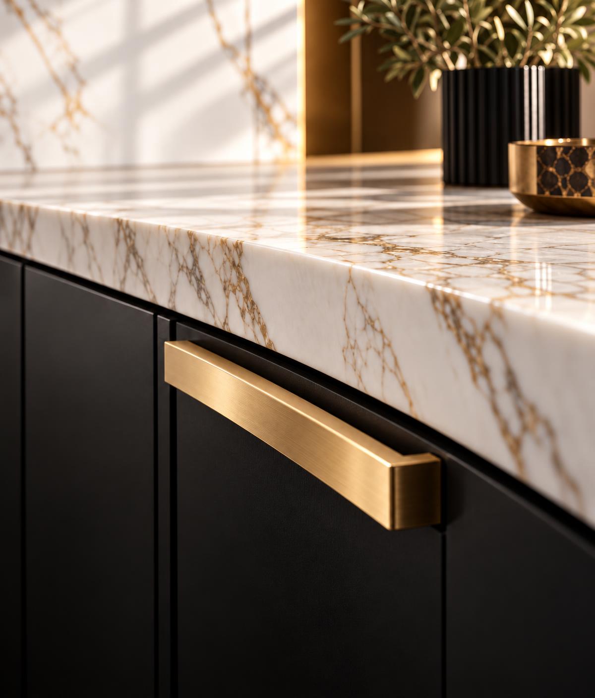 Gold-veined marble countertop over matte black cabinetry with a brushed gold handle