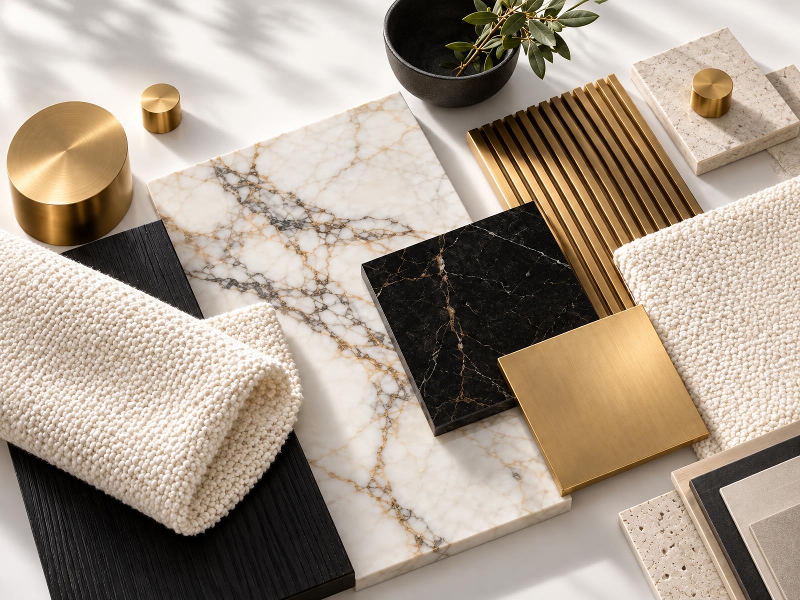 Flat-lay of marble, black stone, brushed gold, fluted brass and bouclé material samples