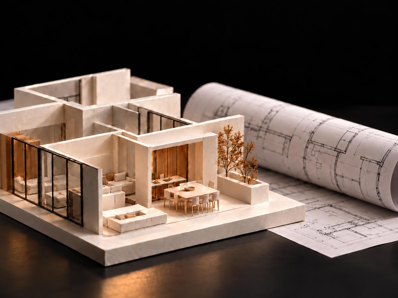Cream architectural scale model of an apartment beside rolled blueprints