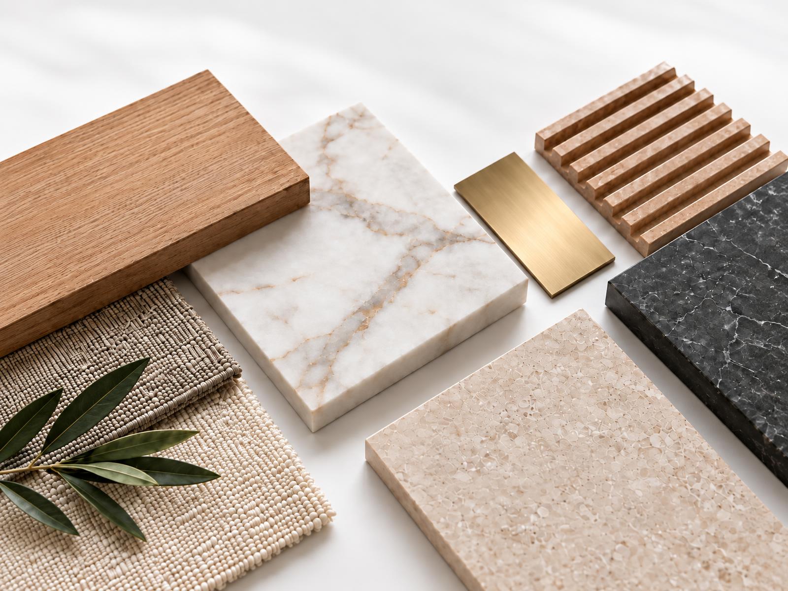 Oak, marble, brass, fluted stone, terrazzo and woven fabric samples with an olive branch